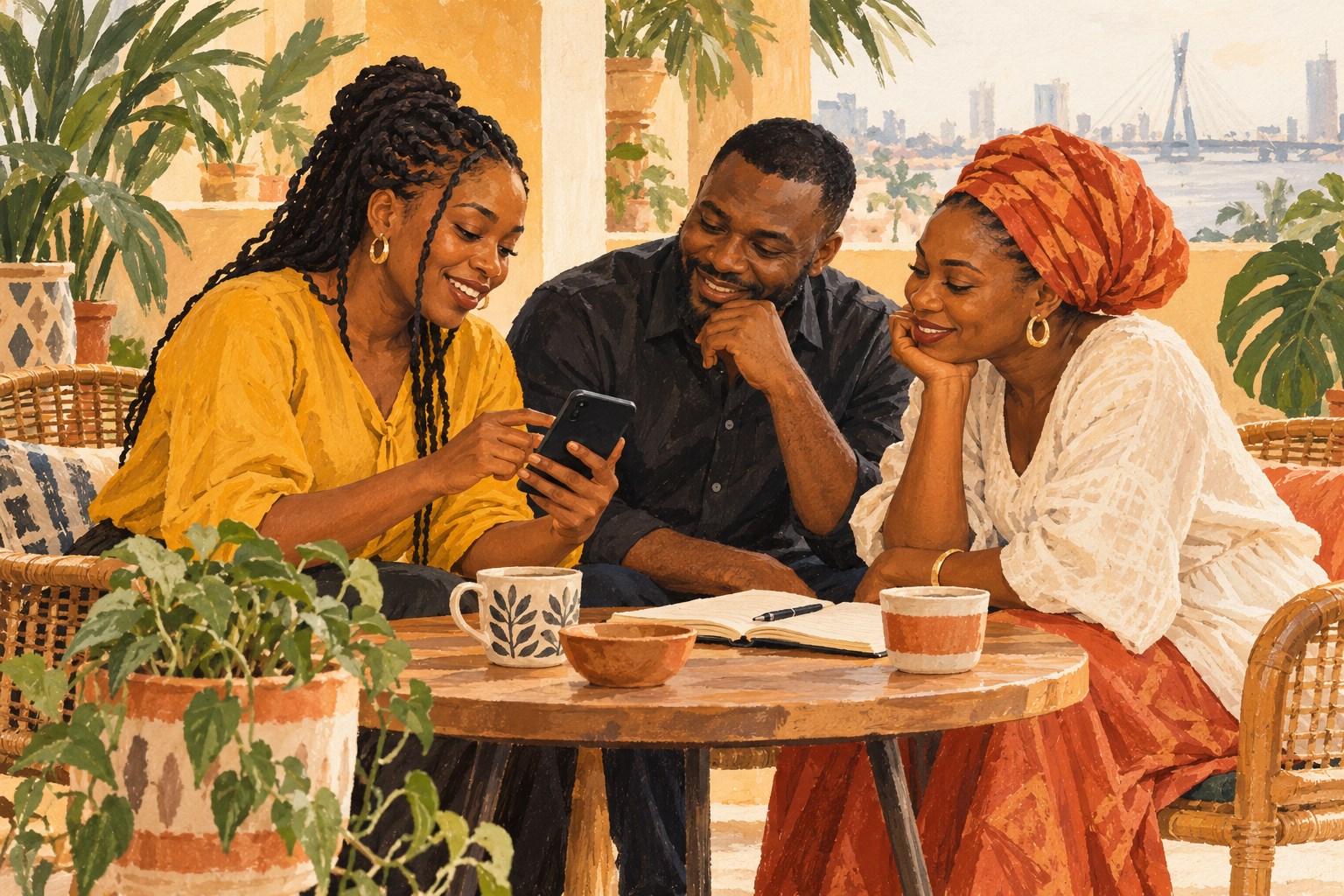 Illustration of three Nigerian friends sharing a phone and planning together over tea.